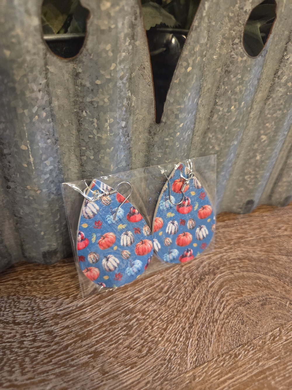 Fall Pumpkin Print Teardrop Earrings - Blue